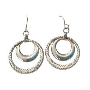 Vintage Double Circle Dangle Earrings Sterling Silver Plated Hook